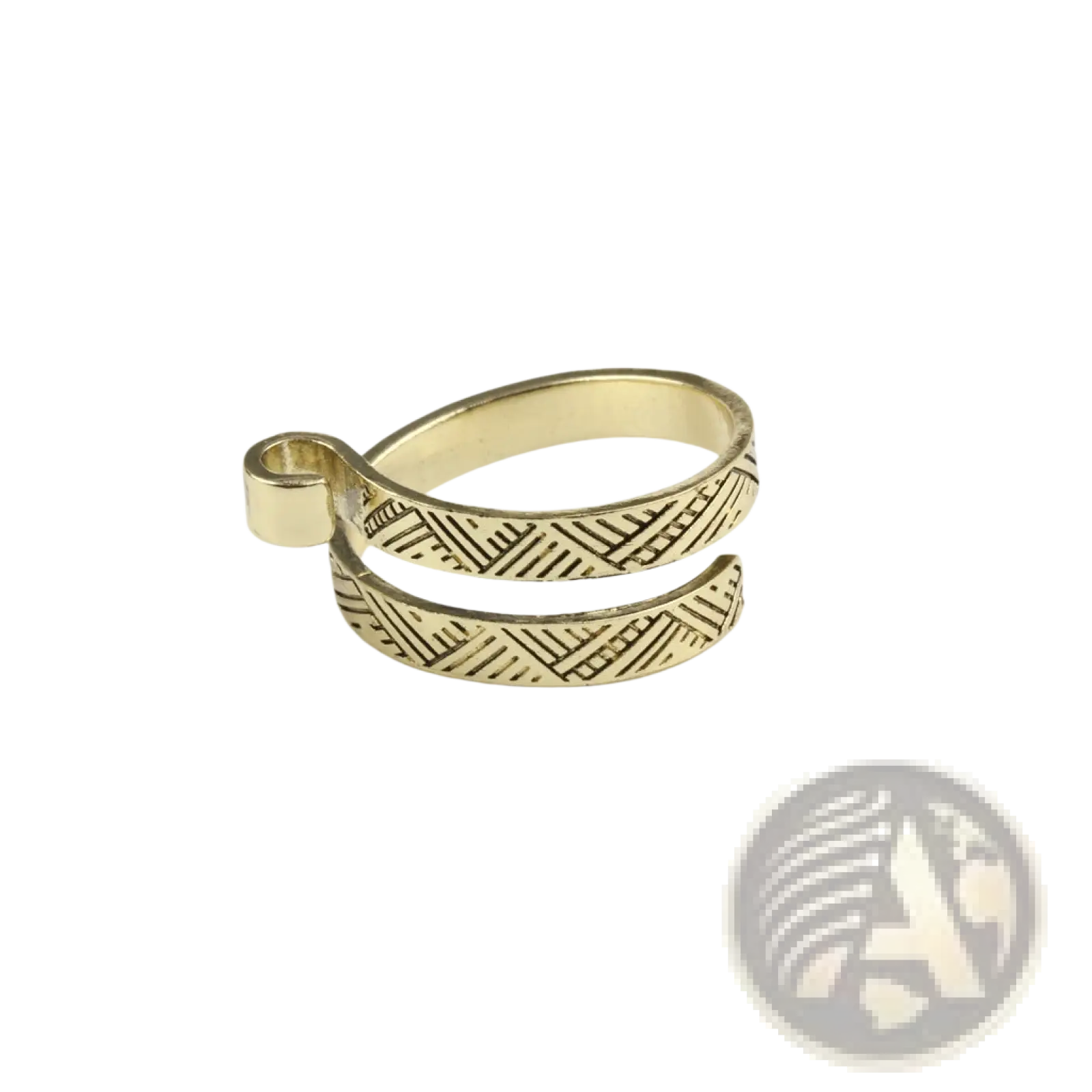 Adjustable gold-toned wrap-around peacock and fish crochet tension ring with intricate geometric etching design