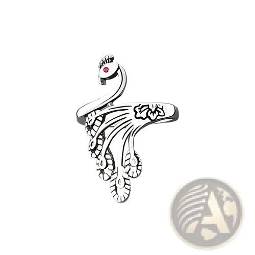 Adjustable silver peacock ring with intricate feather detailing and red gemstone for tension crochet use