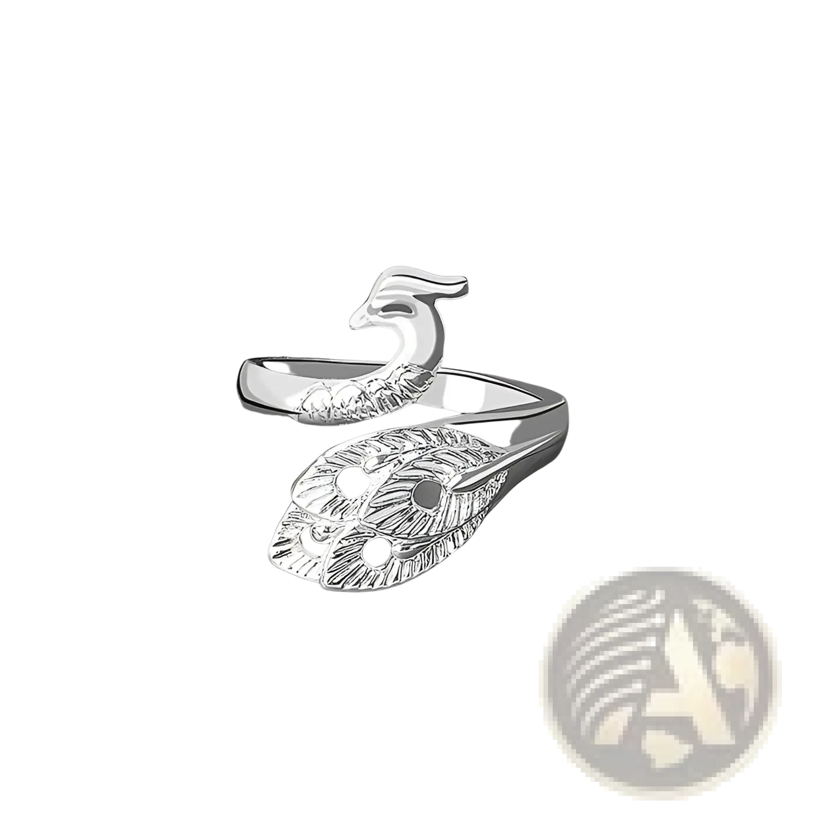 Silver adjustable peacock-themed ring with intricate feather detailing and polished metallic finish for crochet tension use