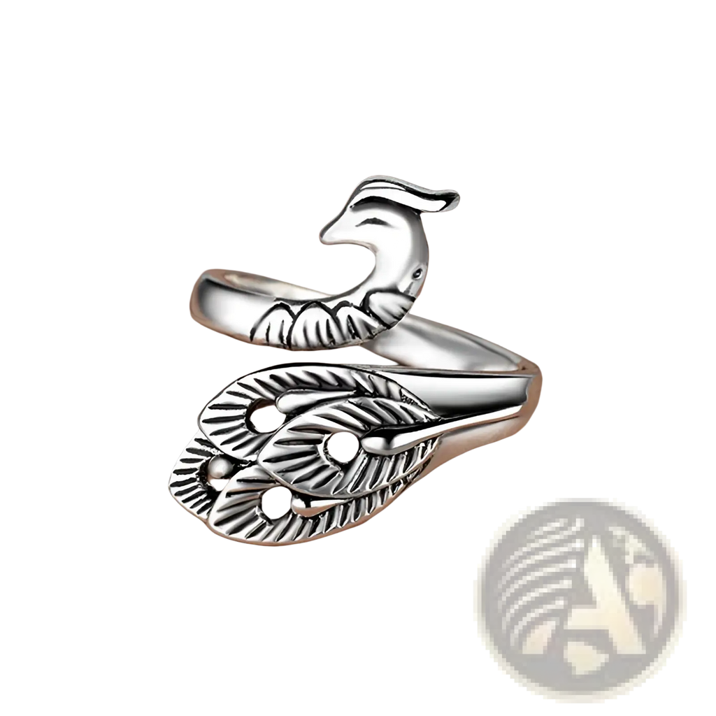 Adjustable silver peacock and fish crochet tension wrap ring with intricate feather detailing and polished finish