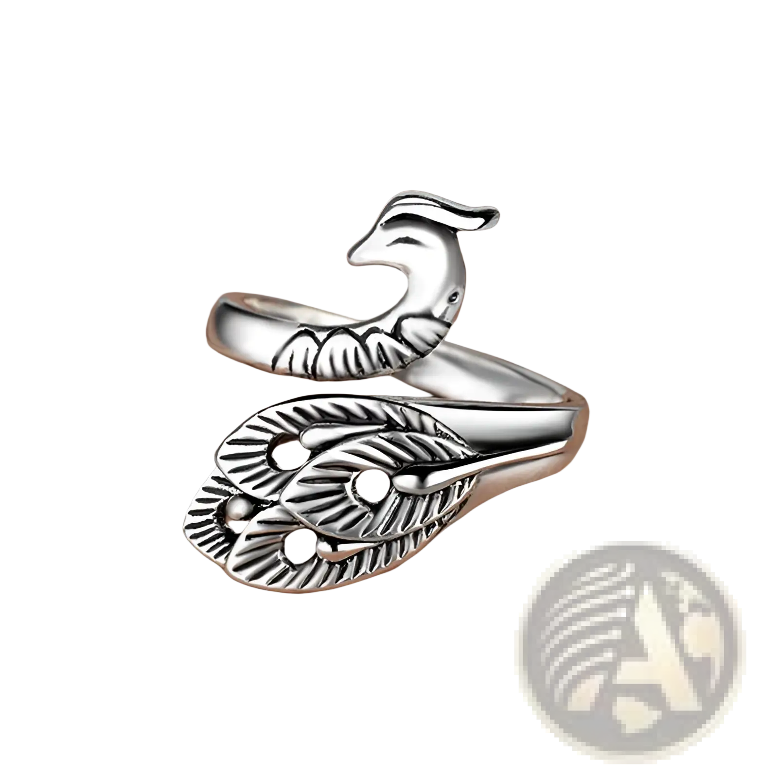 Adjustable silver peacock and fish crochet tension wrap ring with intricate feather detailing and polished finish