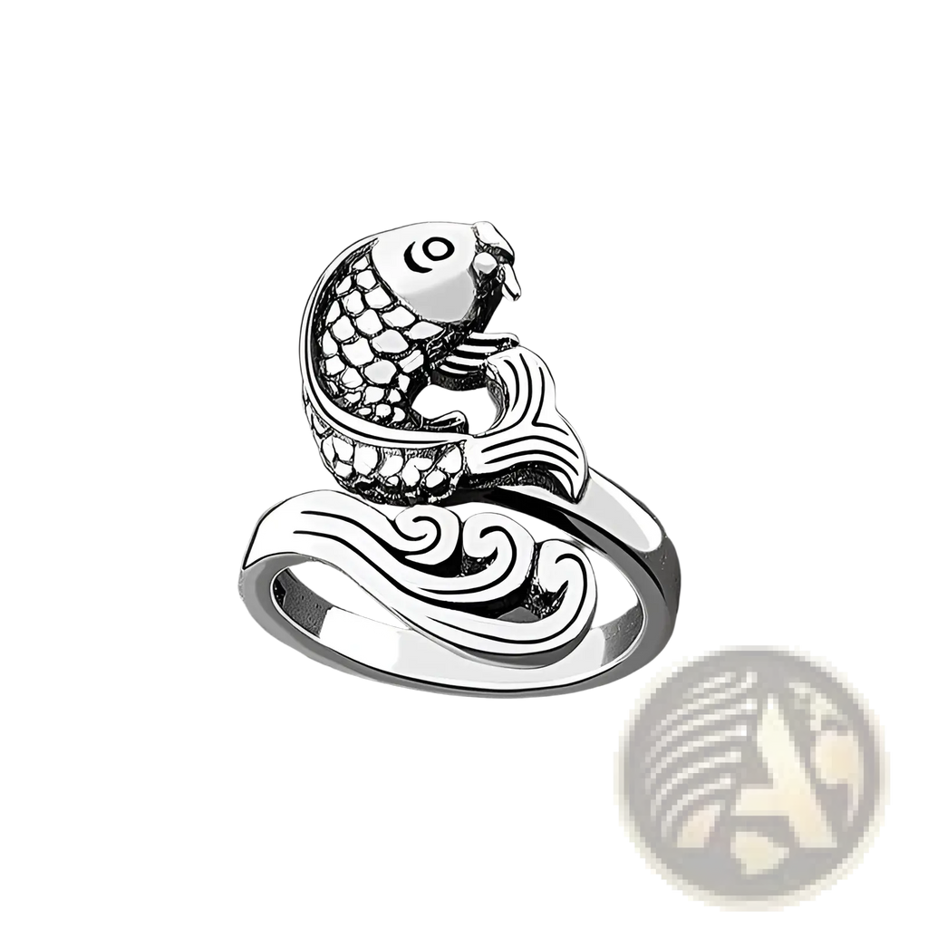 Adjustable silver fish-shaped crochet tension ring with detailed scales and flowing wave design for peacock and fish style