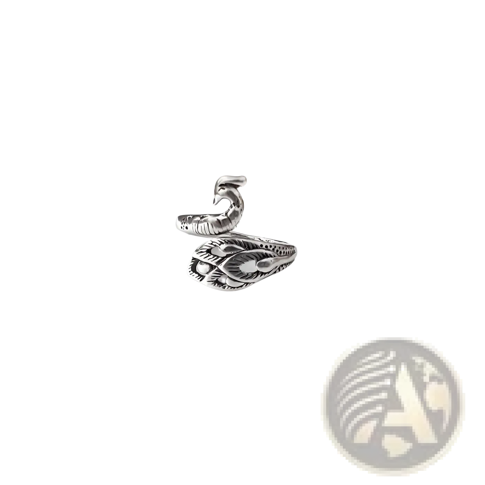 Silver snake-shaped adjustable peacock and fish crochet tension ring with intricate engravings and sleek metallic finish