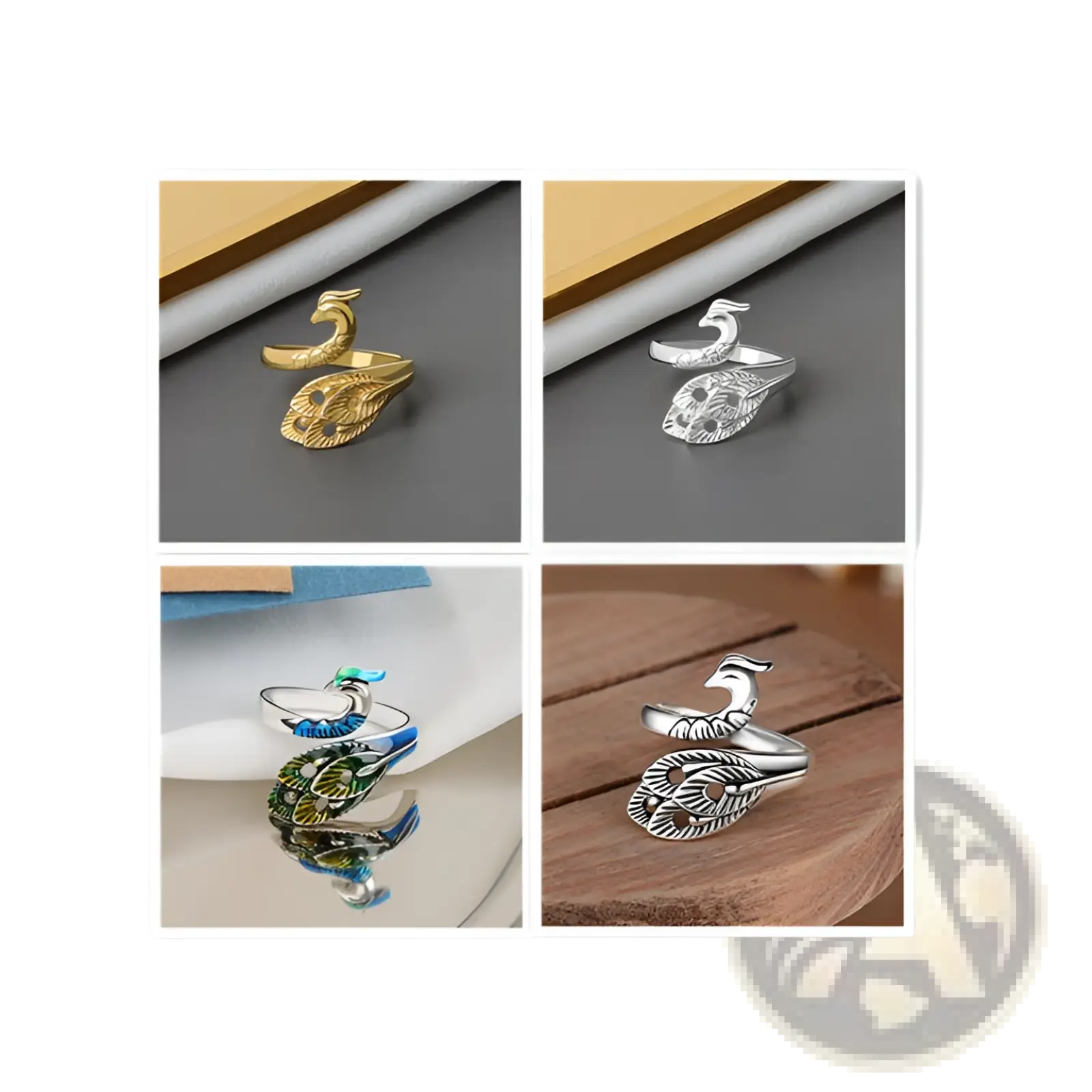 Elegant adjustable peacock and fish crochet tension ring in gold silver or multi-colored enamel finish