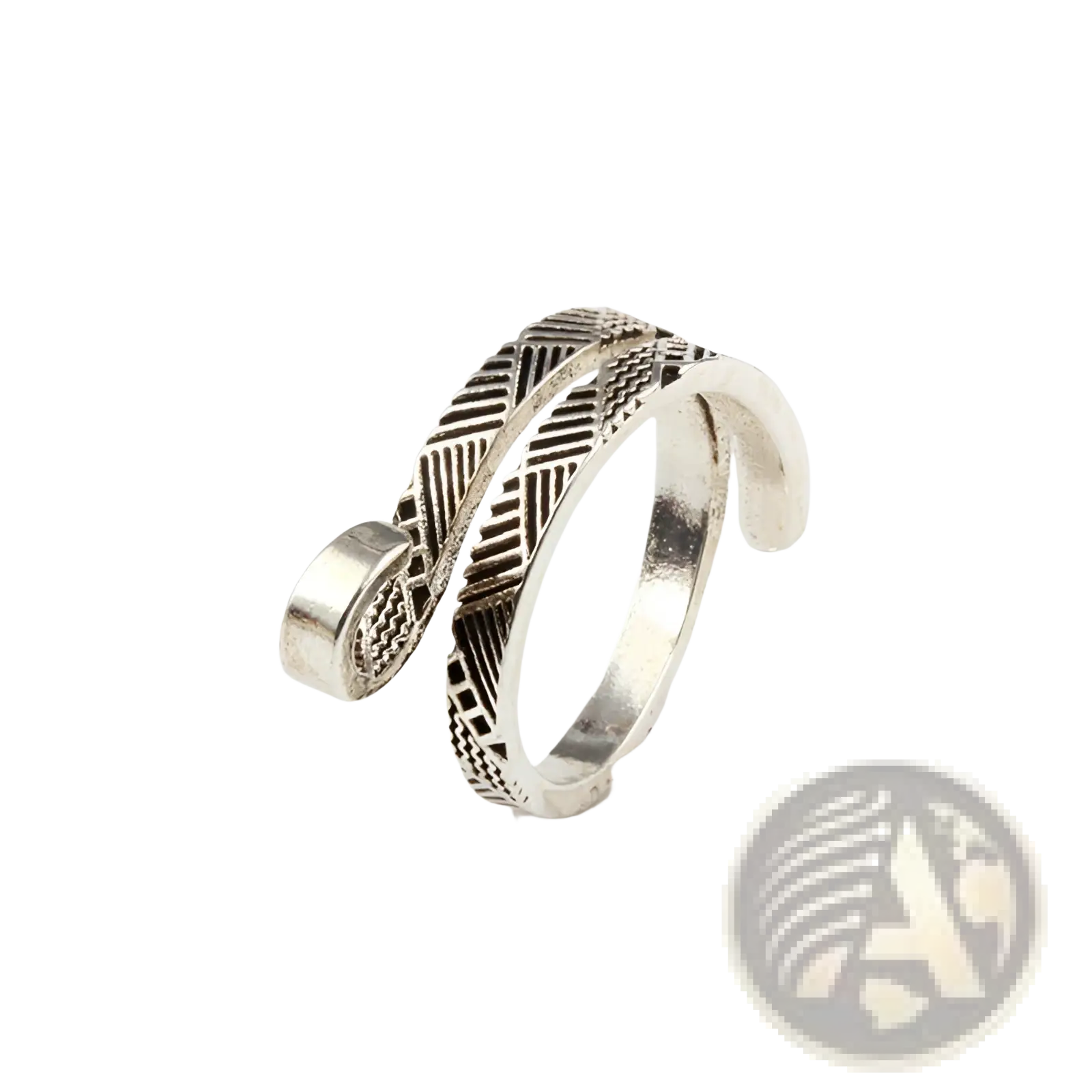 Adjustable silver-toned peacock and fish crochet tension wrap-around ring with intricate geometric woven design