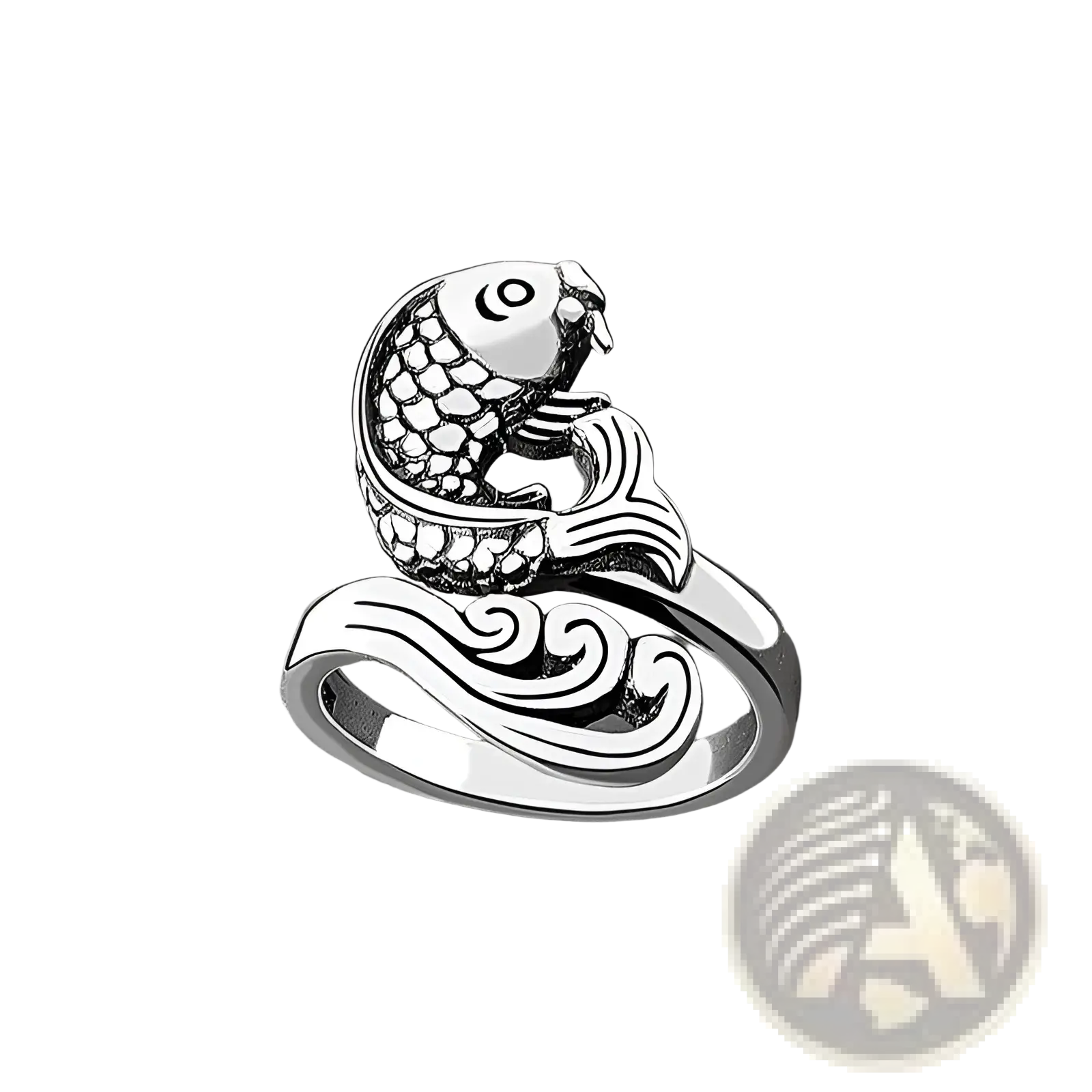 Adjustable silver fish-shaped ring with detailed scales and flowing wave design from peacock and fish crochet tension rings
