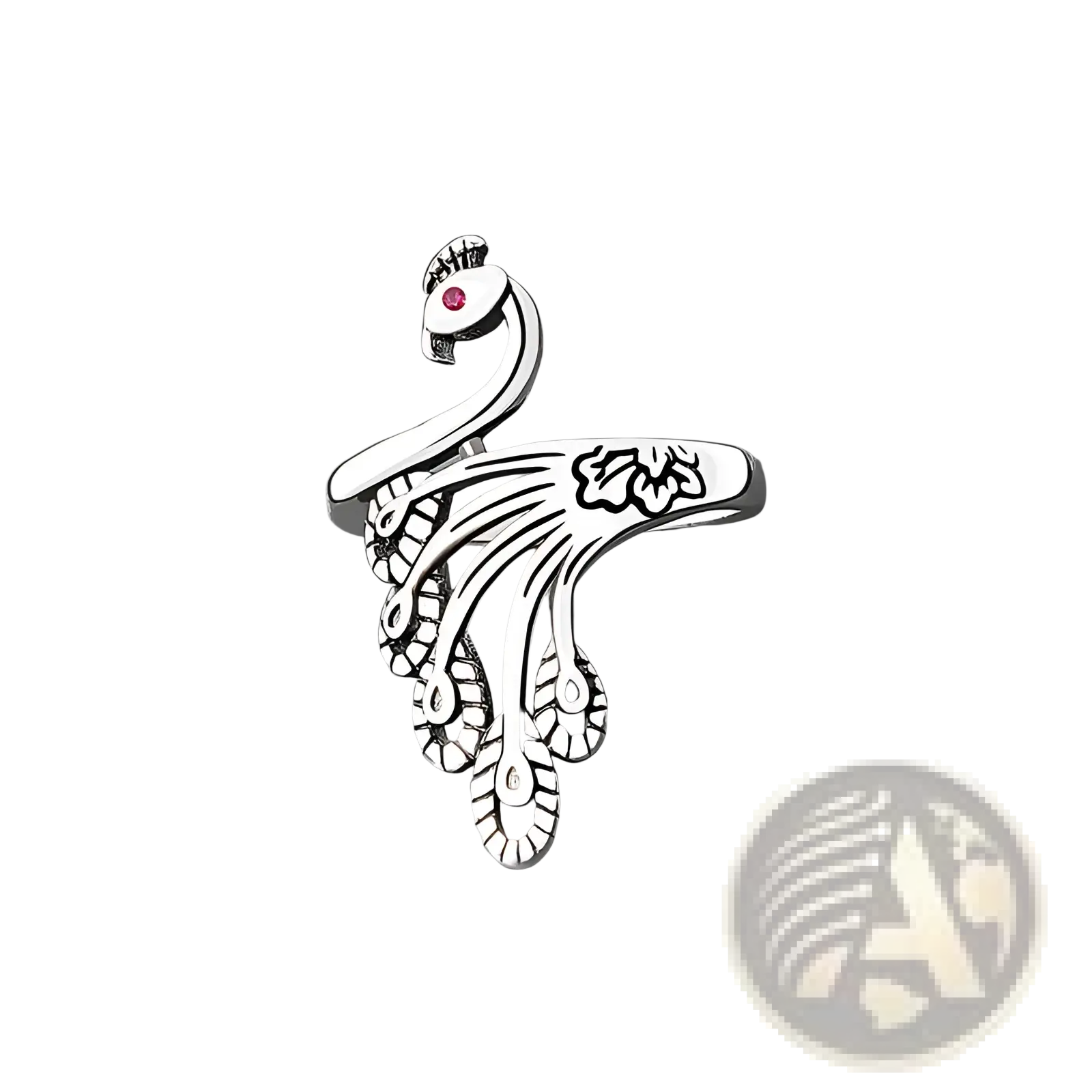 Adjustable silver peacock and fish crochet tension ring with intricate feather detailing and red gemstone at the head