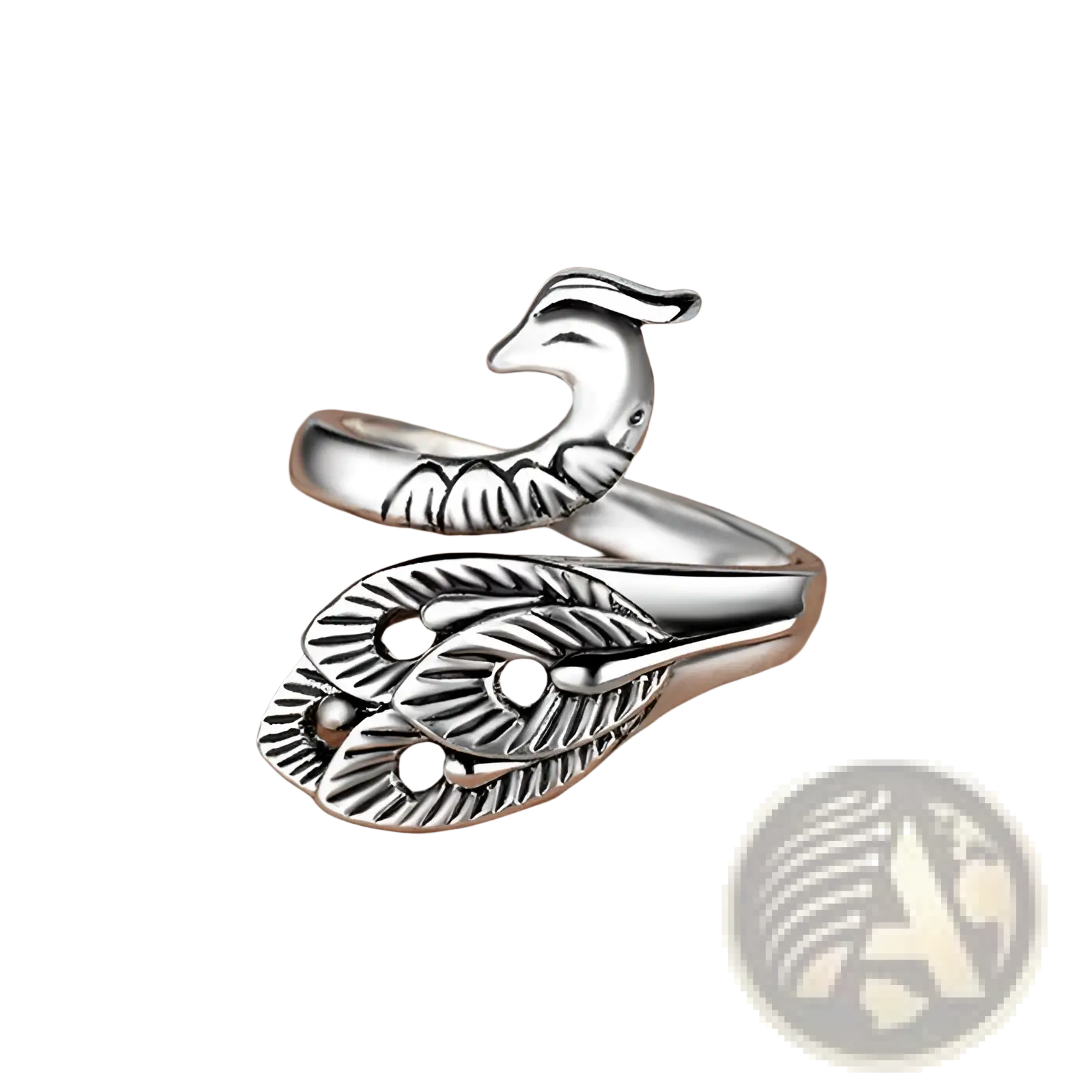 Silver peacock-themed adjustable wrap ring with intricate feather detailing and polished metallic finish from tension rings collection