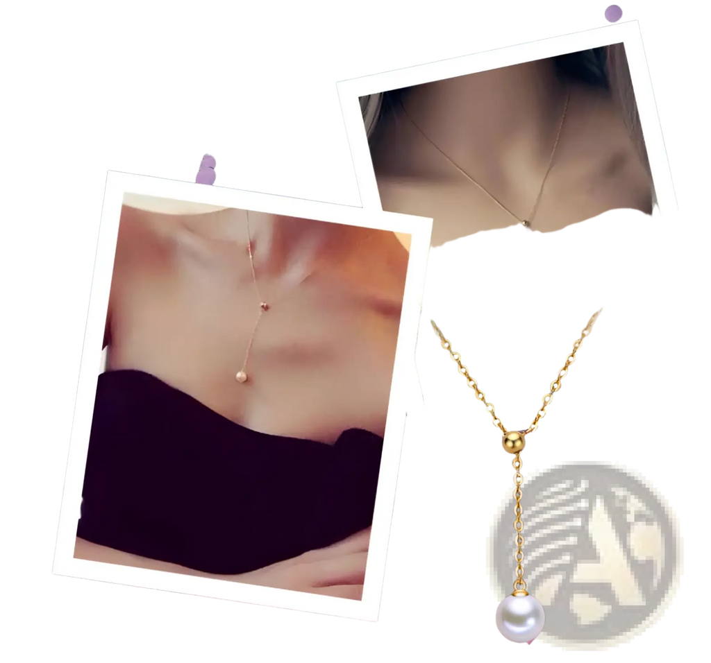 Adjustable pearl lariat necklace in rose gold and silver with a delicate chain and single pearl pendant center hanging
