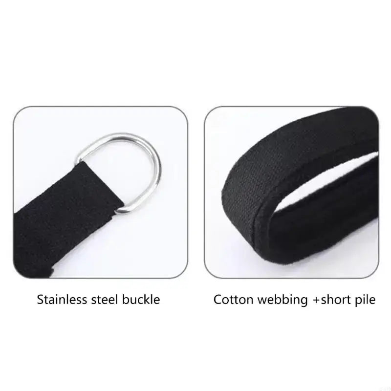 Adjustable pilates straps featuring black cotton webbing with a stainless steel d-ring buckle and fleece hand grips