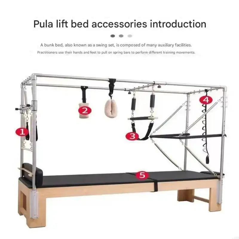 Silver metal frame pilates reformer with black padded platform and adjustable pilates straps with fleece hand grips