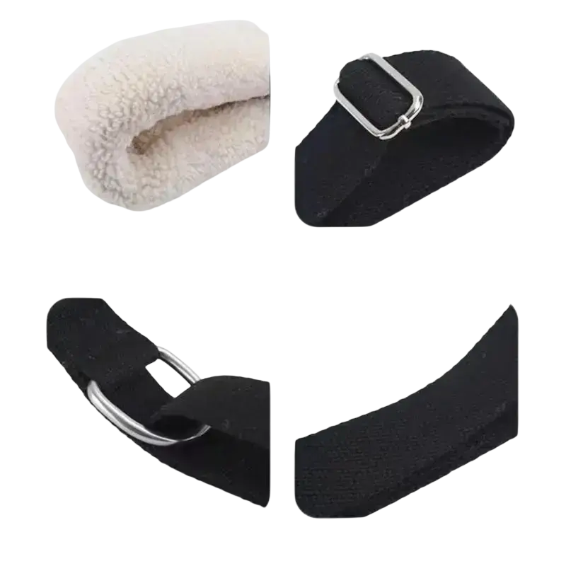 Adjustable pilates straps in black faux leather with silver buckles and plush white shearling lining for comfort