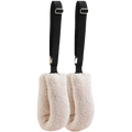 Adjustable pilates straps featuring cream-colored shearling with black leather straps and silver-toned stainless steel buckles