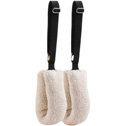 Adjustable pilates straps featuring cream-colored shearling with black leather straps and silver-toned stainless steel buckles