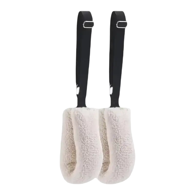 Cream-colored plush fleece ear warmers with black adjustable straps for comfortable use with adjustable pilates straps