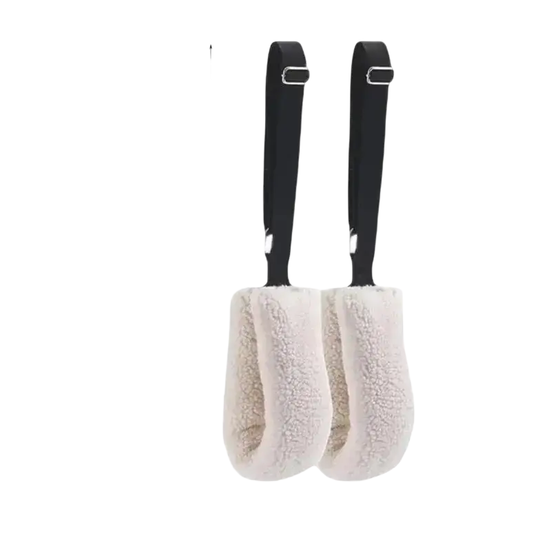 Cream-colored plush ear muffs with black adjustable straps beside stainless steel buckle adjustable pilates straps