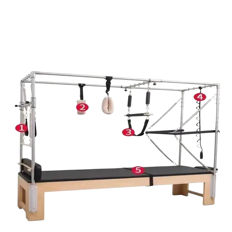 Silver metal frame pilates reformer with black padded platform and adjustable pilates straps with stainless steel buckles