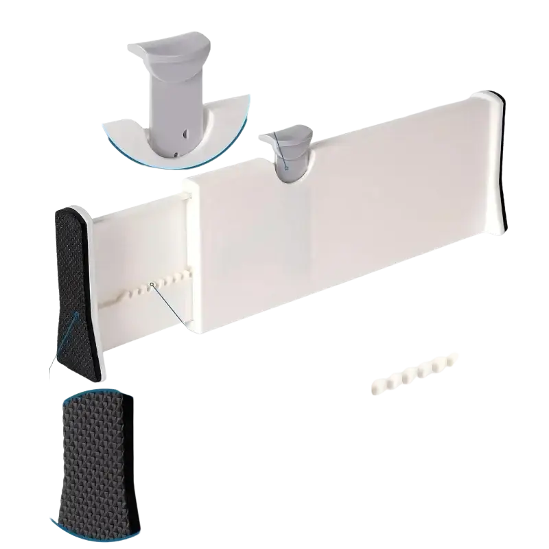 Adjustable plastic drawer divider in white with black eva foam edge and adjustable teeth lock for storage partition