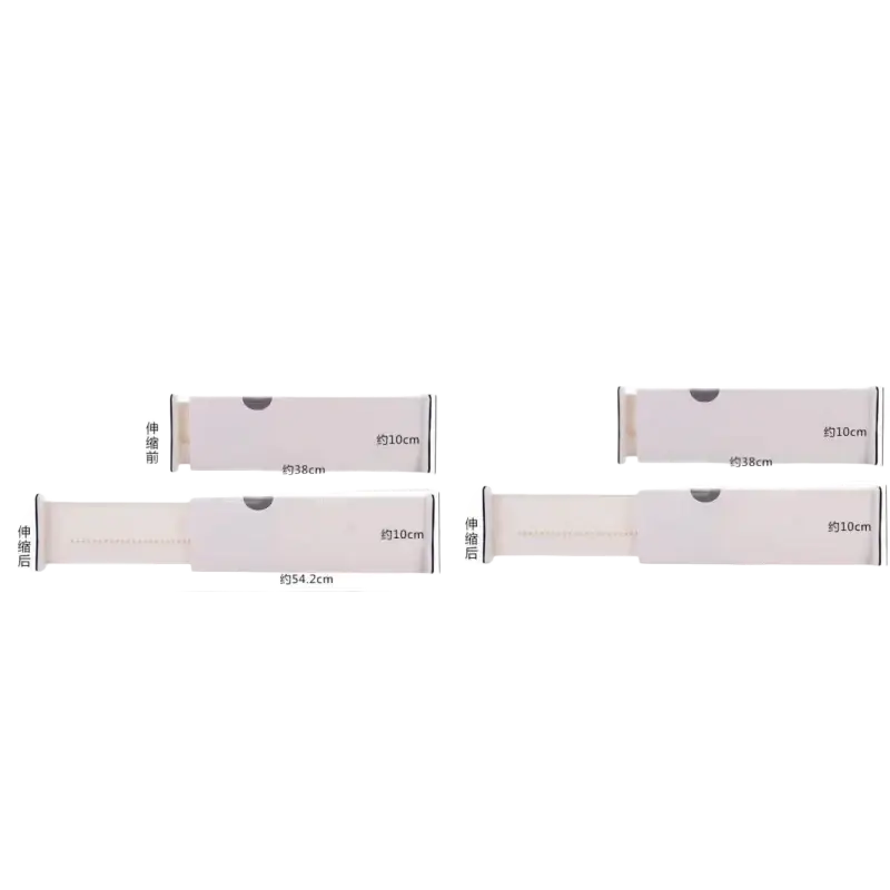 White plastic adjustable drawer slides shown in two sizes with measurements for storage partition use