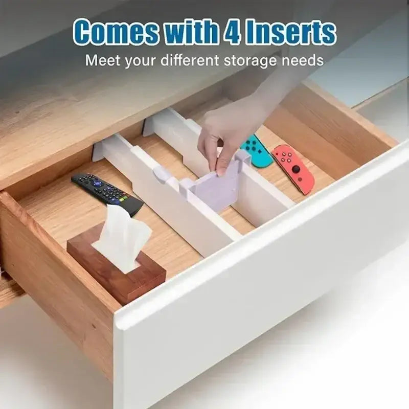 Adjustable plastic drawer divider in white with four adjustable compartments for organized storage