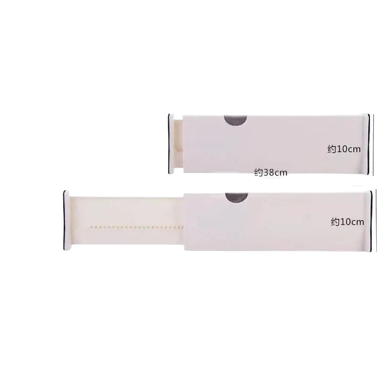 Adjustable white plastic drawer organizer with sleek minimalist design and black trim for storage partitioning