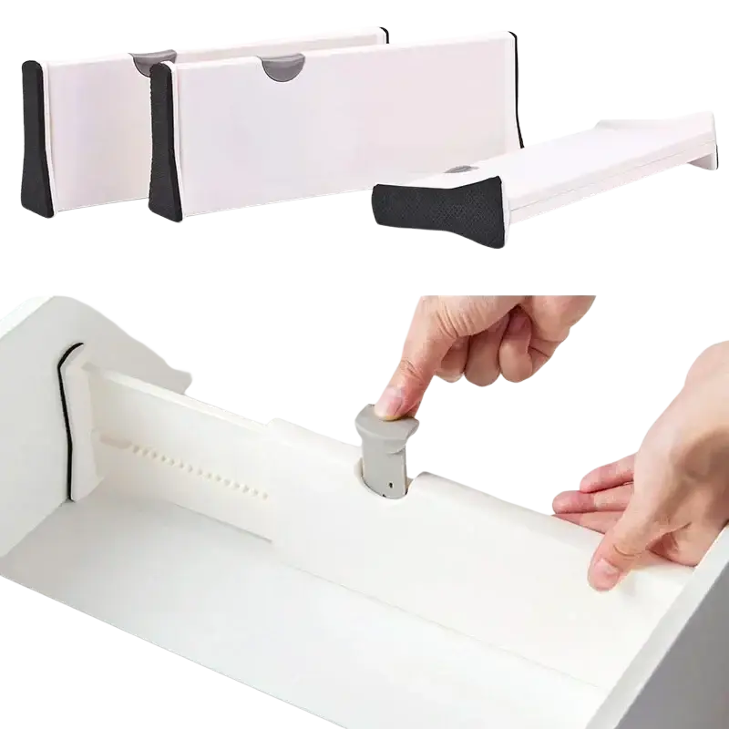 Adjustable plastic drawer divider in white with black rubberized ends and gray sliding mechanism for storage partition