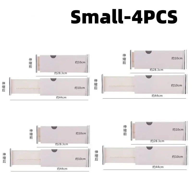 Adjustable plastic drawer divider in white with a smooth matte finish and rounded edges for storage partition
