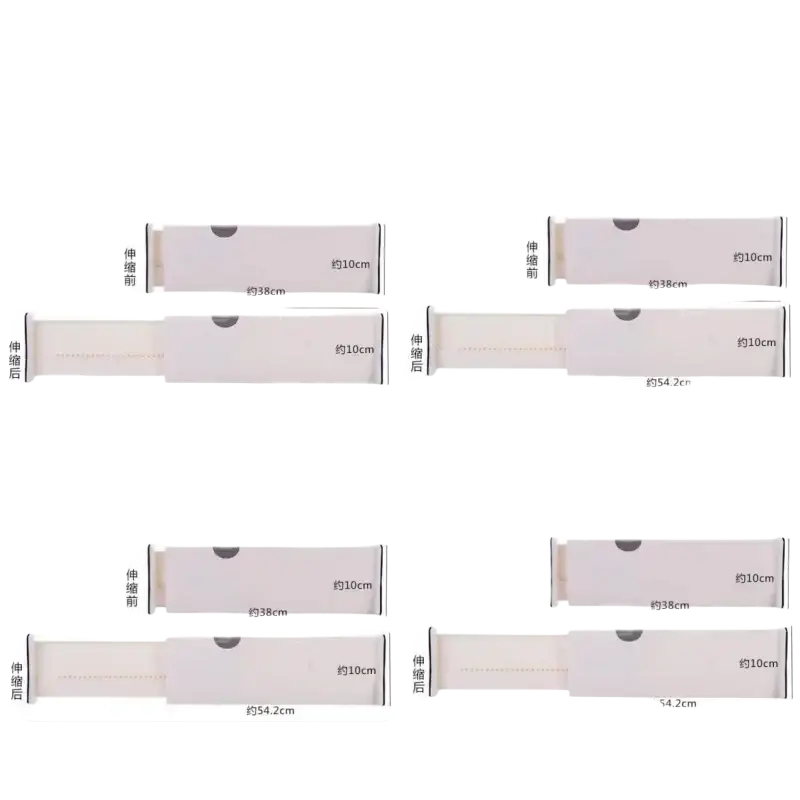 Adjustable plastic drawer divider with white plastic pull handles shown in two sizes with measurements labeled