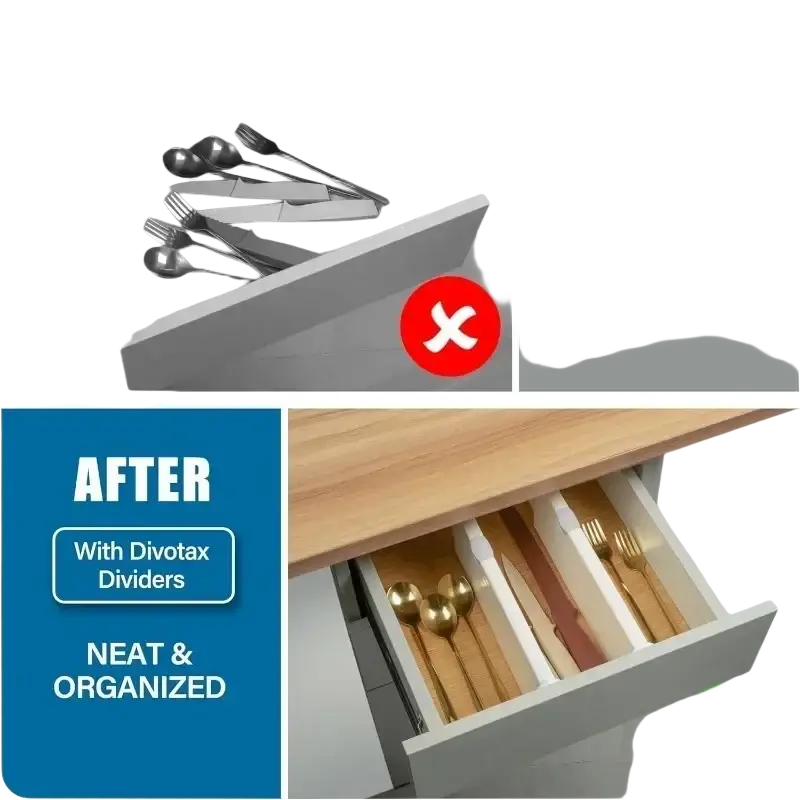 Adjustable white plastic drawer dividers for organizing cutlery and storage partitions in kitchen drawers