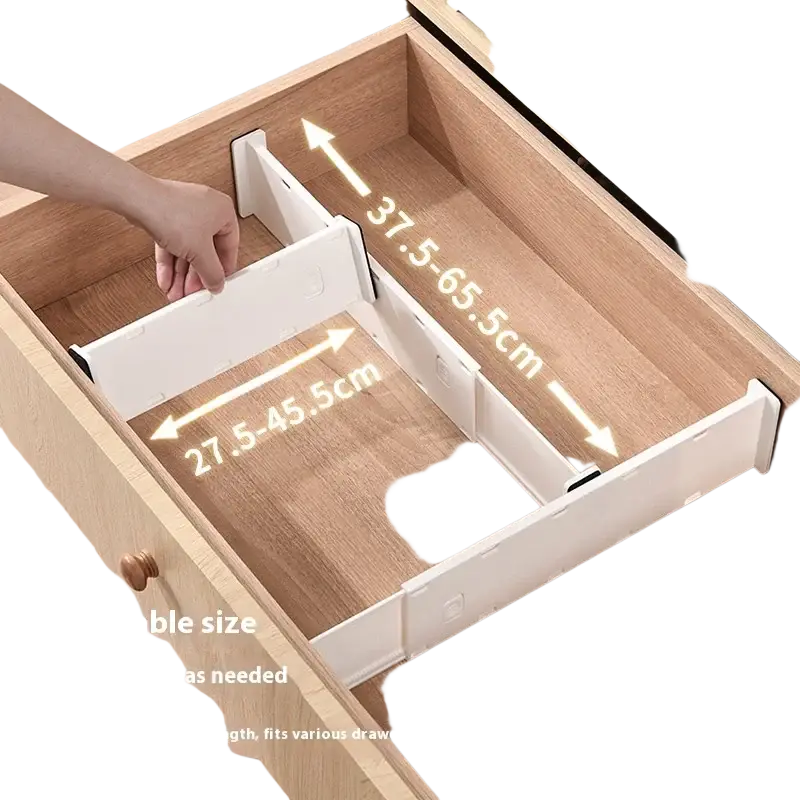 Adjustable white plastic drawer organizer dividers with free-combination design and minimalist length markings
