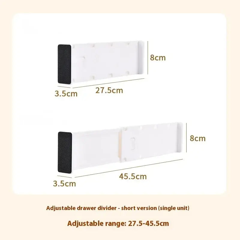 White plastic adjustable drawer organizer divider with black adhesive strips and free-combination design sliding mechanism