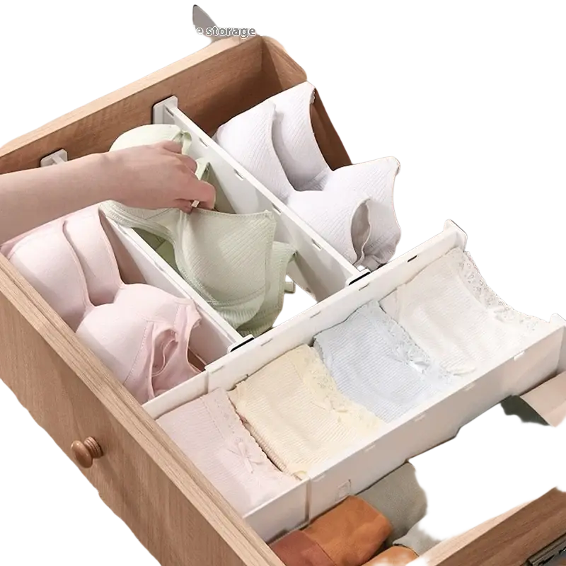 White plastic drawer organizer with segmented compartments and free-combination design for bras and underwear storage