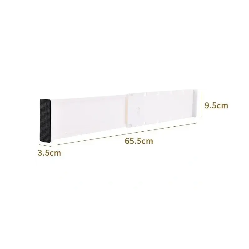 White plastic wall-mounted adjustable drawer organizer divider with black adhesive strip and free-combination design