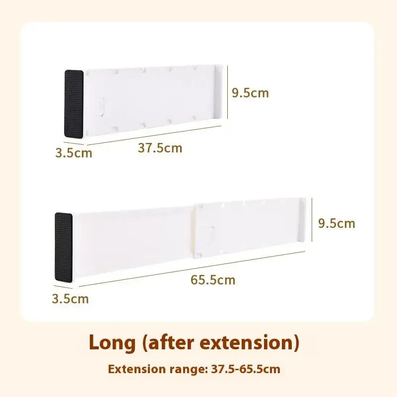 White plastic drawer organizer divider with black adhesive strip and adjustable length for free-combination design