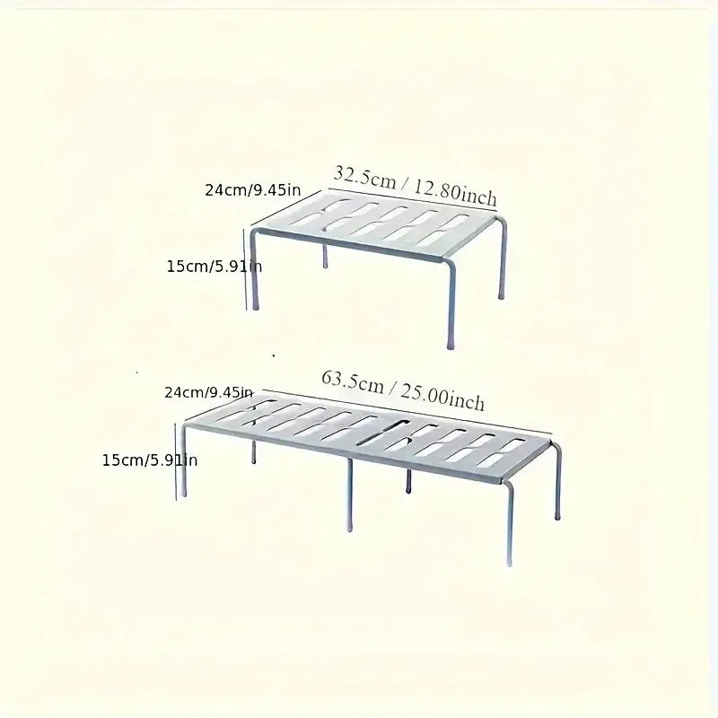 Adjustable white plastic multi tier shoe rack with silver metal slatted shelf and four legs available in two sizes