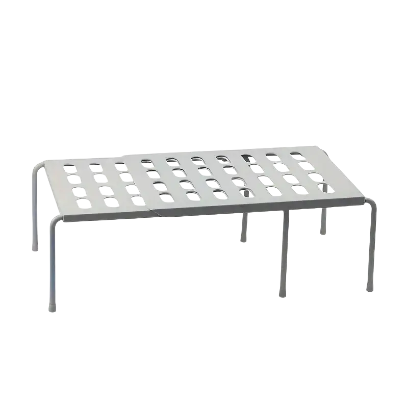 Gray metal shelf with perforated top and four slender legs used as an adjustable multi tier plastic shoe rack organizer
