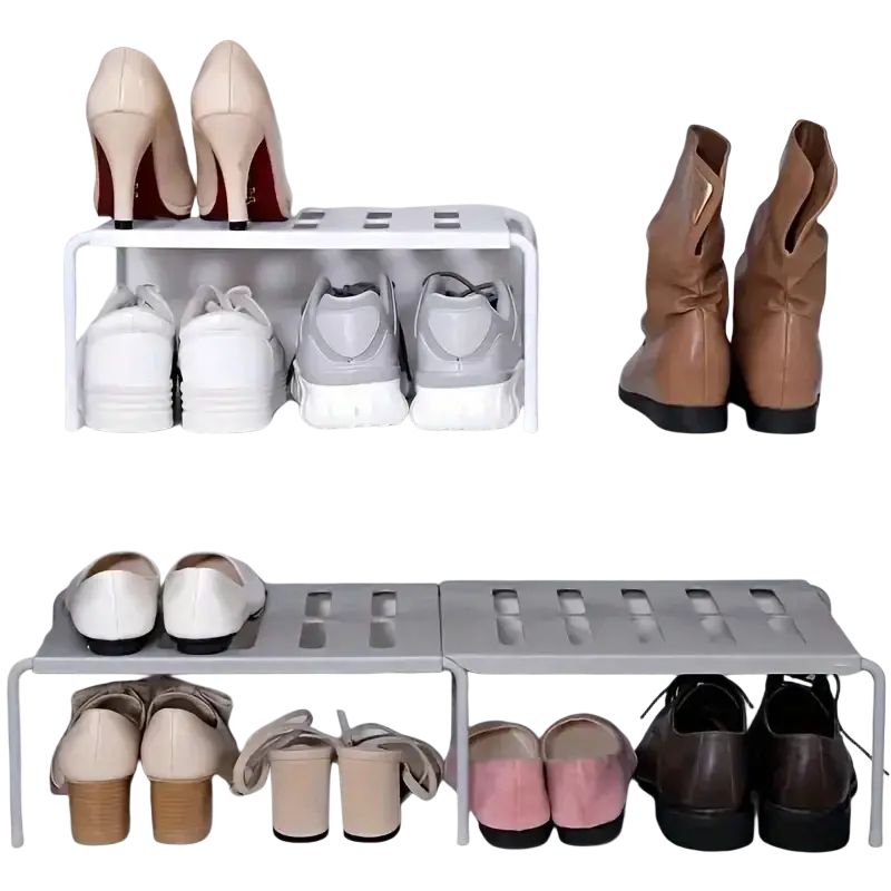 Adjustable white and gray plastic shoe rack with slotted design for organized multi tier storage
