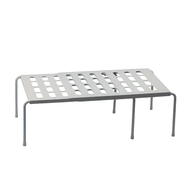 Gray metal shelf with perforated top and four slender legs for adjustable plastic shoe rack white multi tier organizer