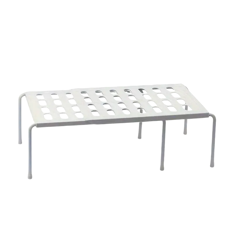 Adjustable plastic shoe rack with white metal shelf featuring oval cutouts and four slender legs for multi tier storage