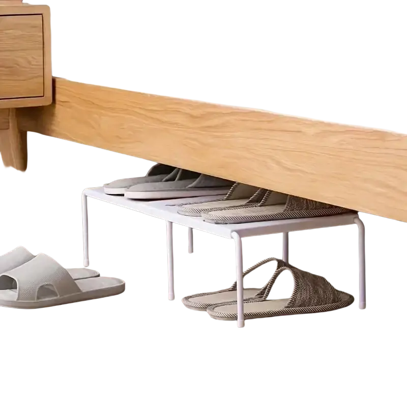 White metal shoe rack with slender legs and two tiers for adjustable multi tier storage under a bed