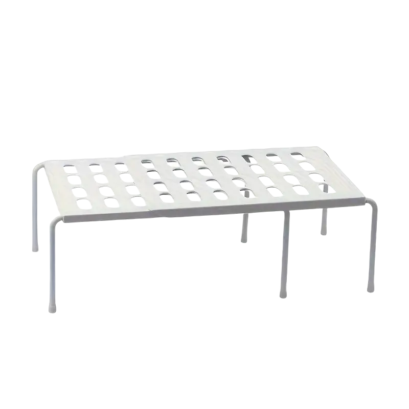 Adjustable white plastic shoe rack with a perforated metal top and four slender legs for multi tier storage organization