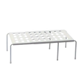 Adjustable white plastic shoe rack with a perforated metal top and four slender legs for multi tier storage organization