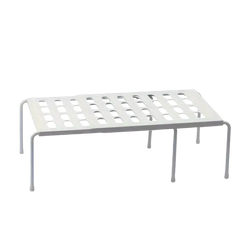 Adjustable white plastic shoe rack with a perforated metal top and four slender legs for multi tier storage organization