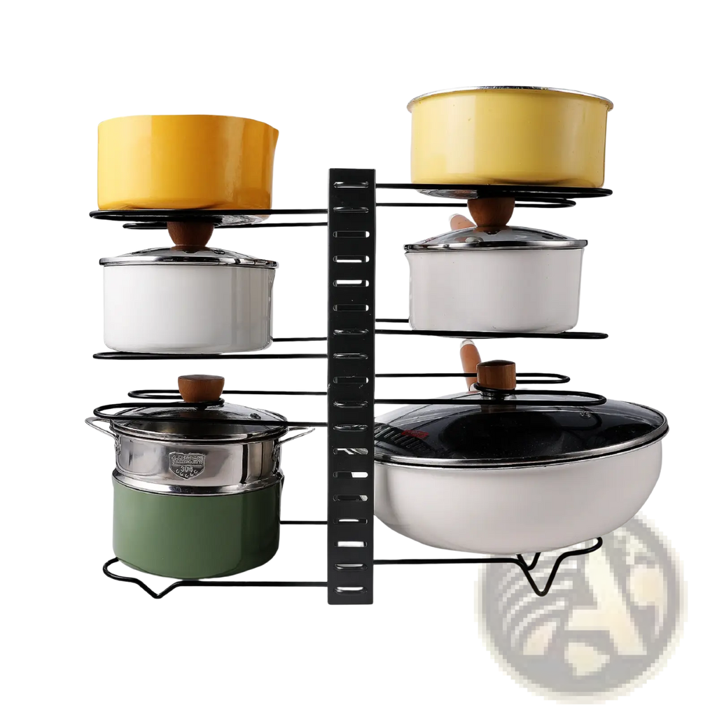 Adjustable black metal pot rack holding colorful enamel-coated pots and lids for kitchen storage and organization