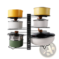 Adjustable black metal pot rack holding colorful enamel-coated pots and lids for kitchen storage and organization