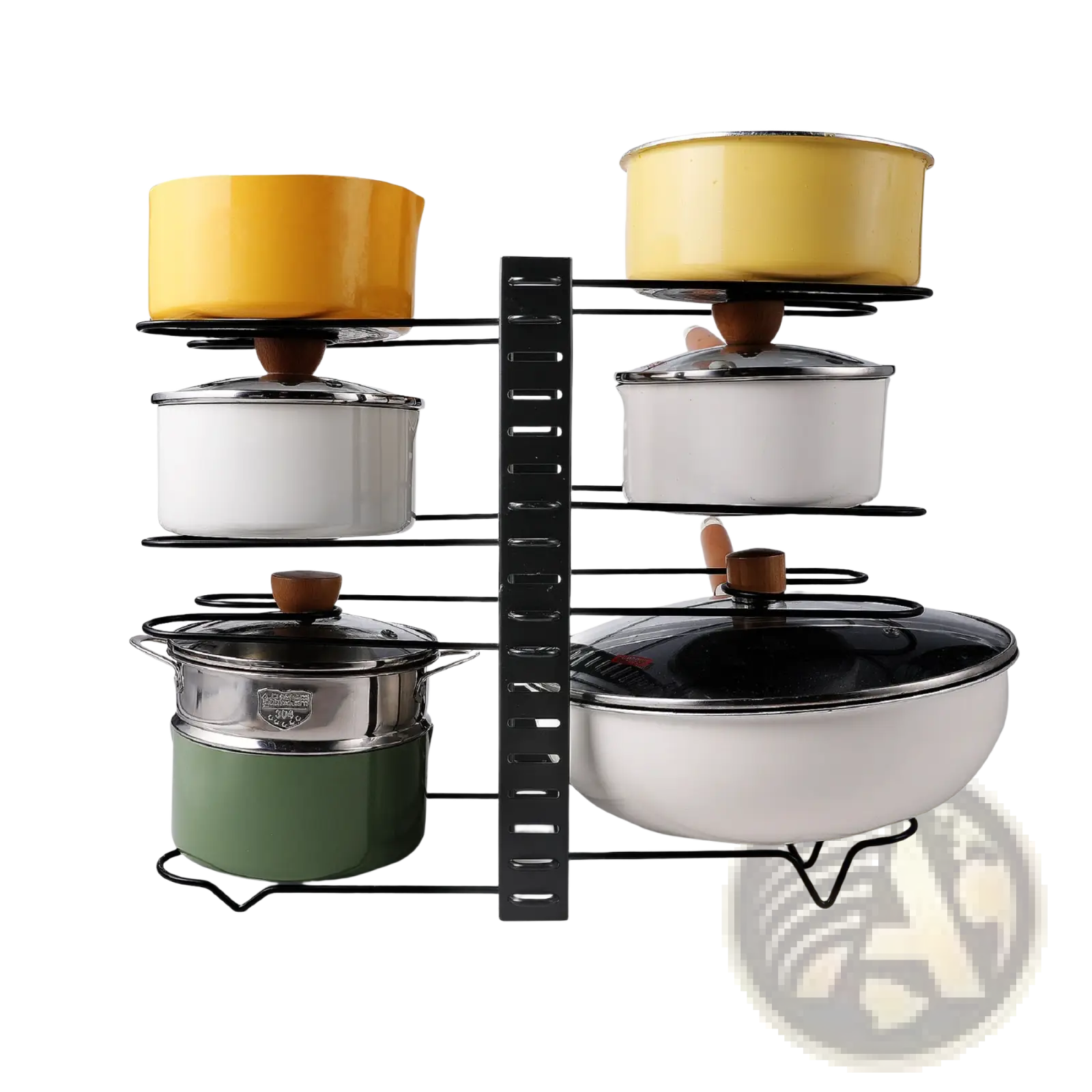Adjustable black metal pot rack holding colorful enamel-coated pots and lids for kitchen storage and organization