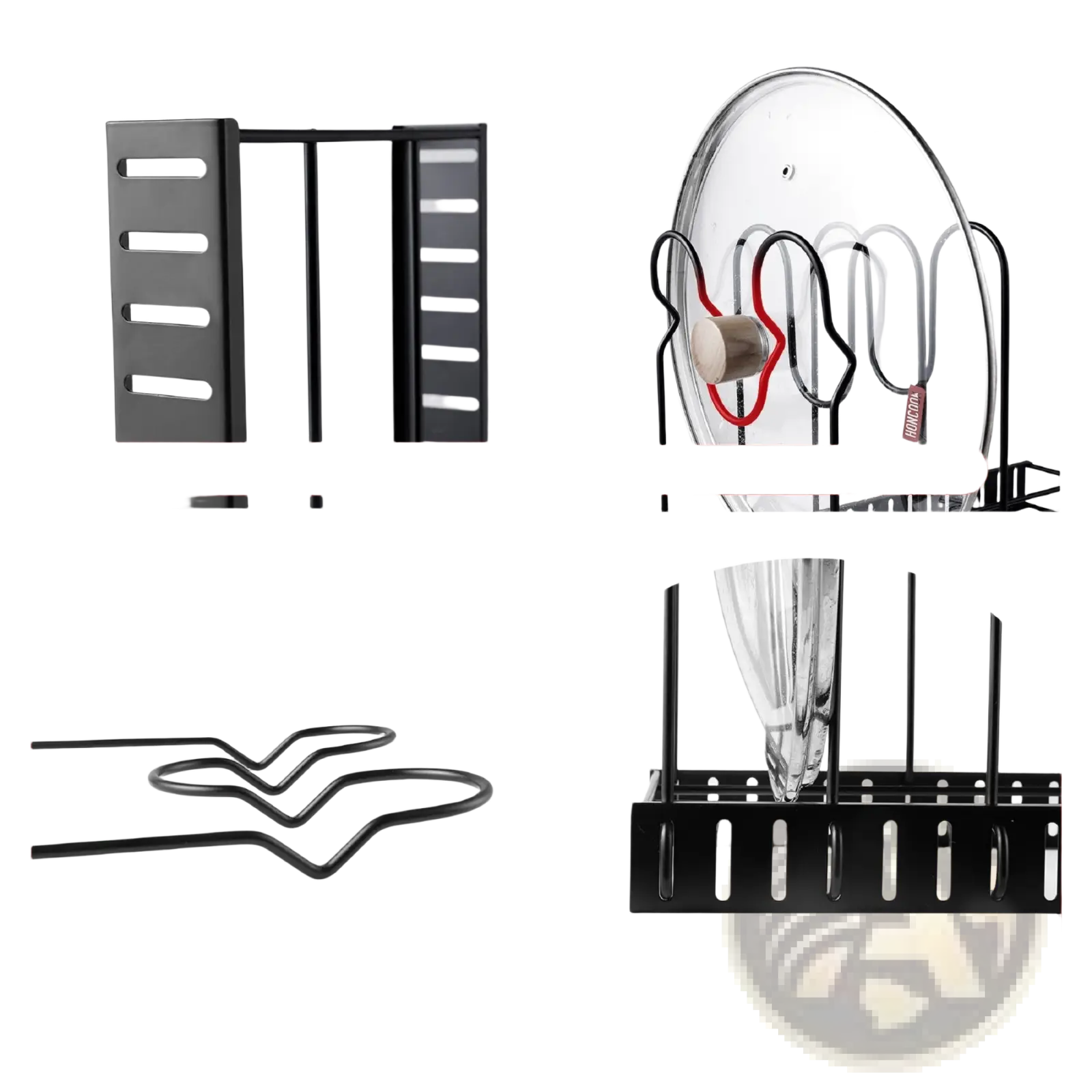 Adjustable black metal pot rack and pan organizer with clasp design hanging hooks and ventilated base for kitchen storage