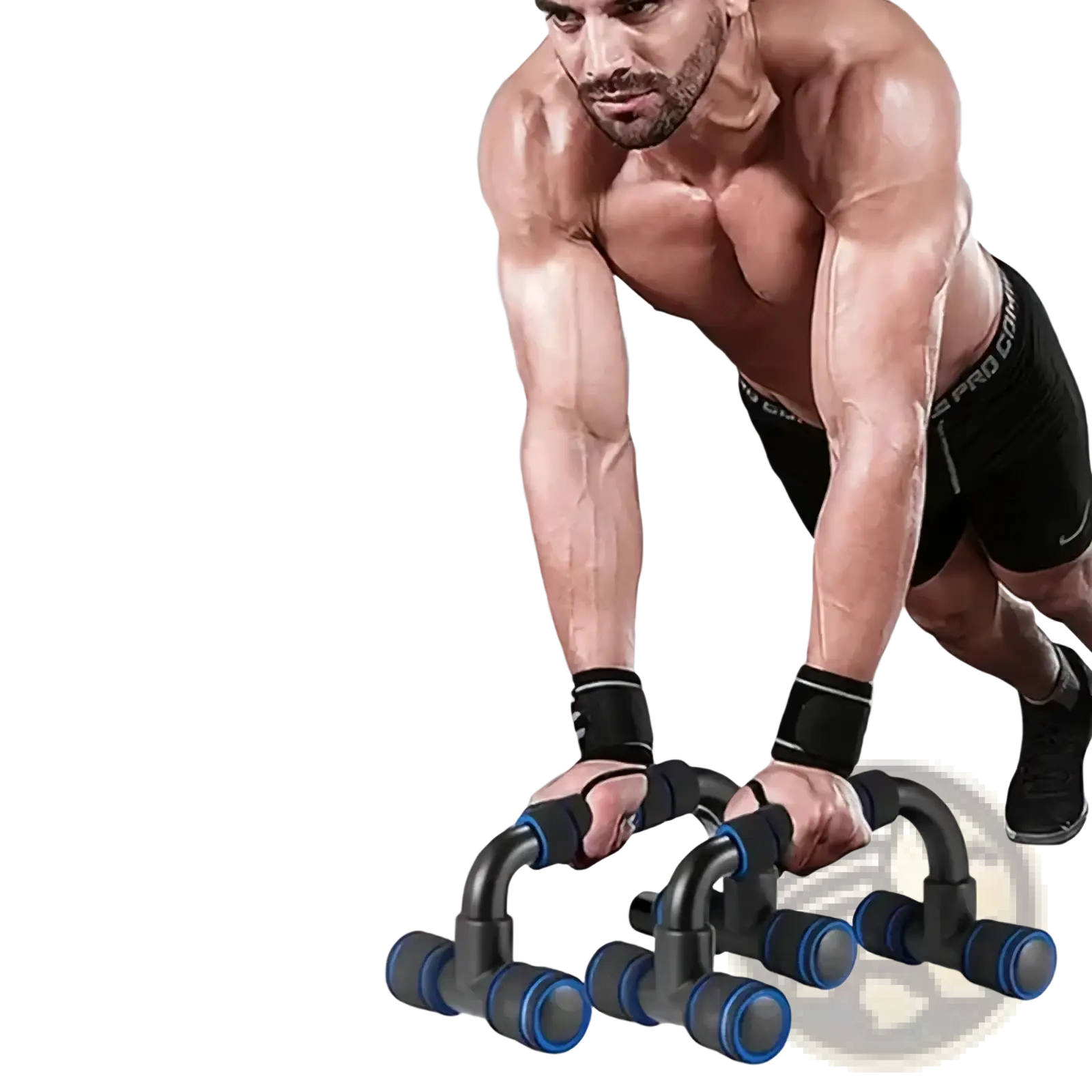 Adjustable push-up bars with black and blue padded grips for home muscle training and gym use