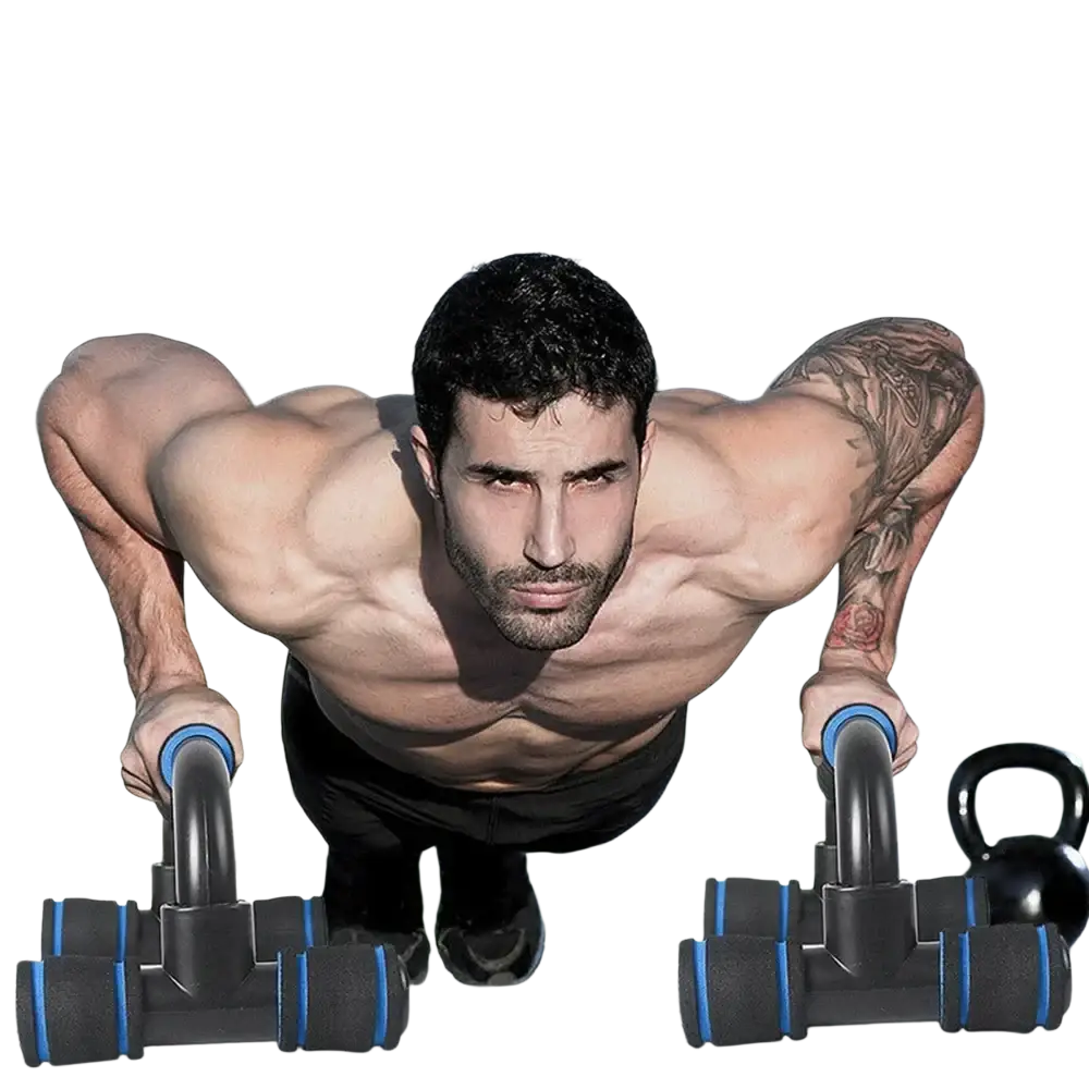 Adjustable push up bars in black and blue with ergonomic design for home muscle training and strength exercises