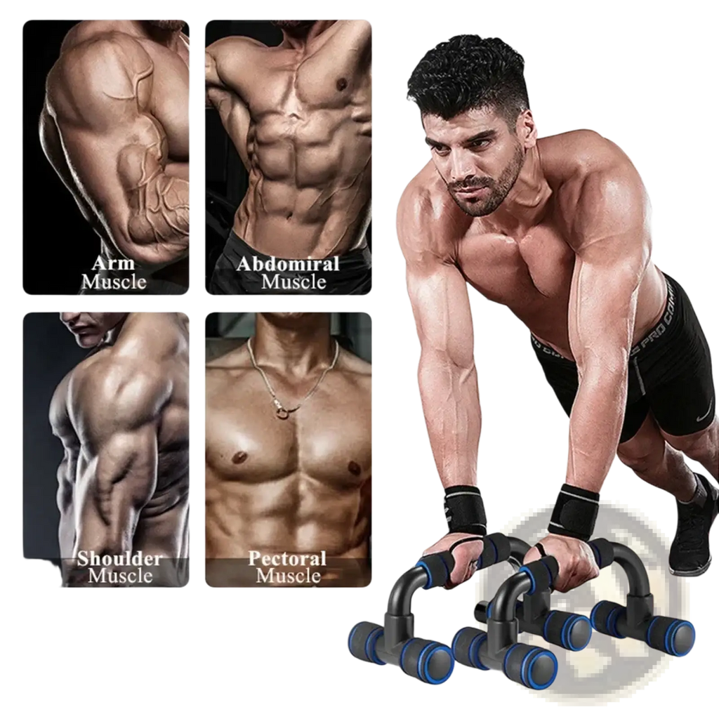 Adjustable black and blue push up bars with padded grips for home muscle training and comprehensive workouts